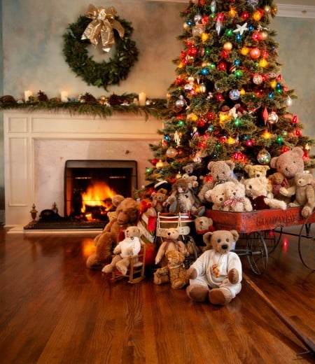 Teddy Bears Surrounding Decorated Christmas Tree